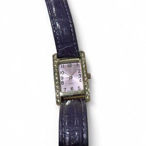 Vintage rectangle quartz watch purple crocodile pattern leather rhinestone